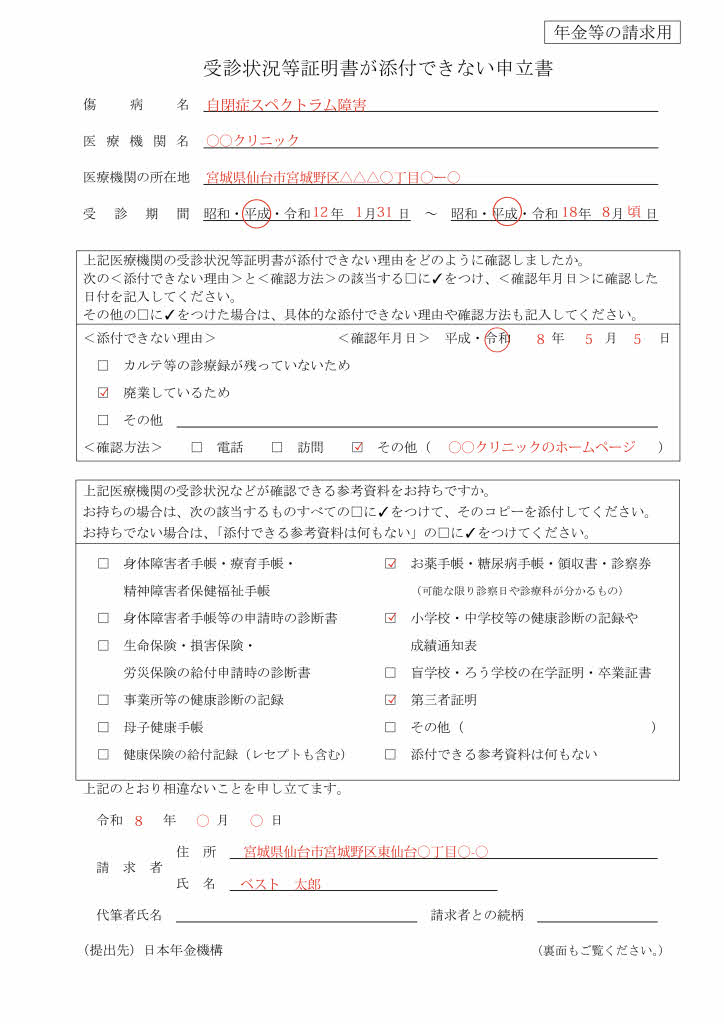 「受診状況等証明書が添付できない申立書」の見本